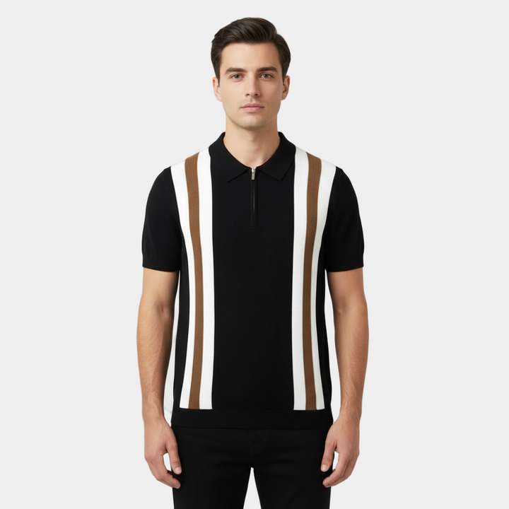Retro strikket poloshirt med kontraststriber og lynlås