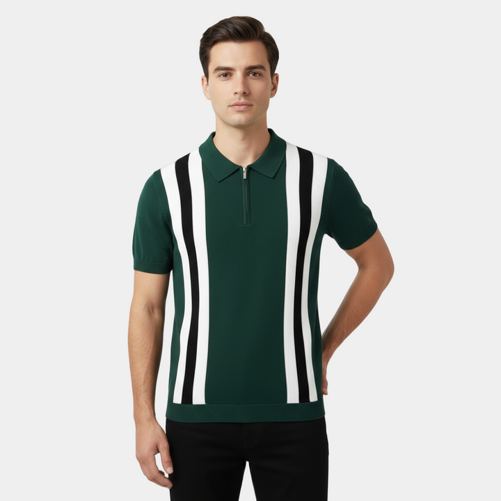 Retro strikket poloshirt med kontraststriber og lynlås
