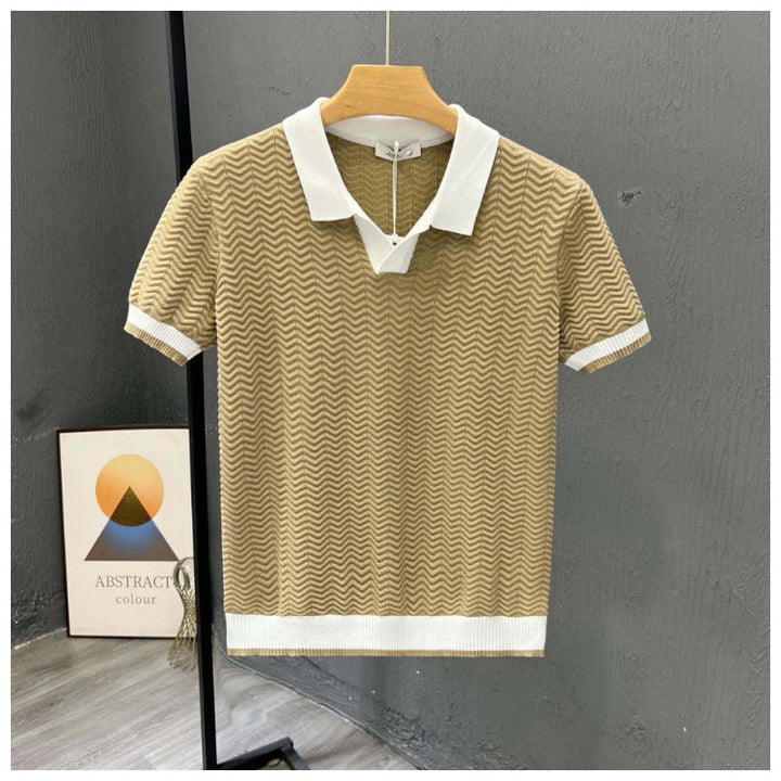 Strikket poloshirt med fiskebensmønster og kontrastkrave