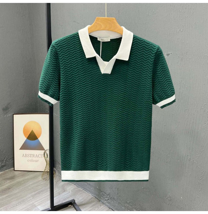 Strikket poloshirt med fiskebensmønster og kontrastkrave