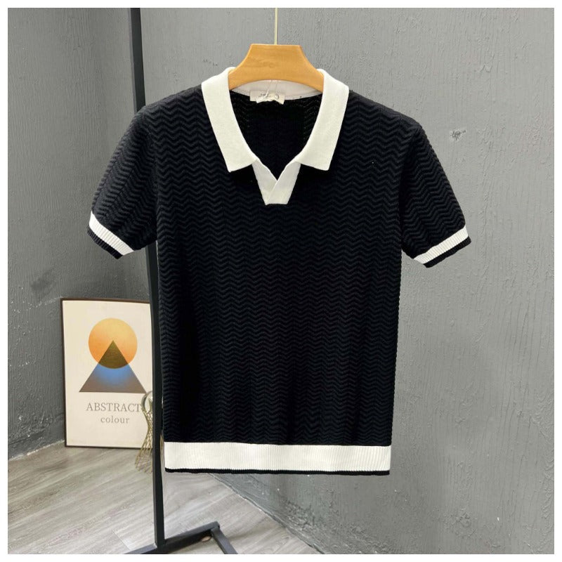 Strikket poloshirt med fiskebensmønster og kontrastkrave