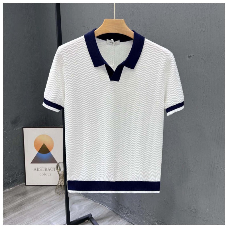 Strikket poloshirt med fiskebensmønster og kontrastkrave