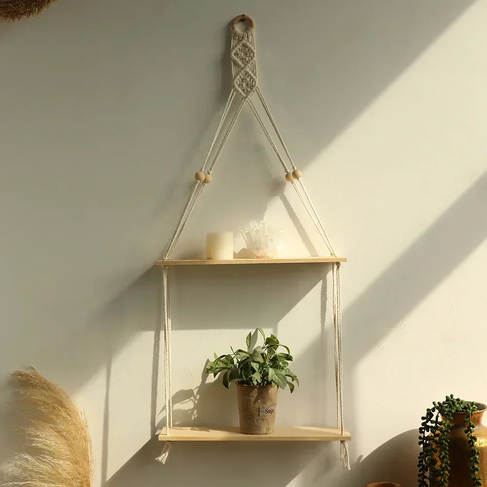 Flydende Væg Hylde i Træ med Macrame - Boho Rustik Design