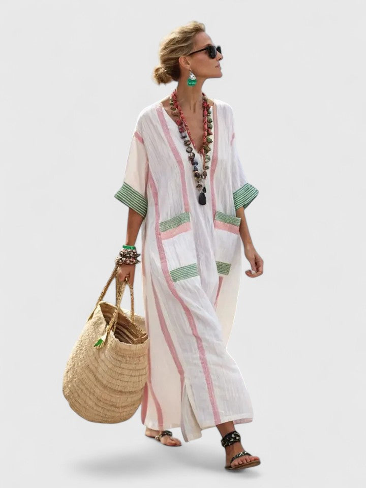 Serena | Kvinders V-Hals Kaftan Maxi Kjole med Stribe Detalje