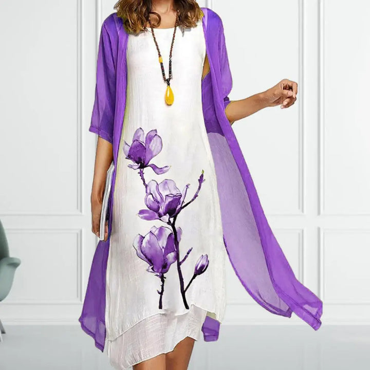 Bloom | Kvinders Blomsterprint 2-delt Kjolesæt med Gennemsigtig Cardigan