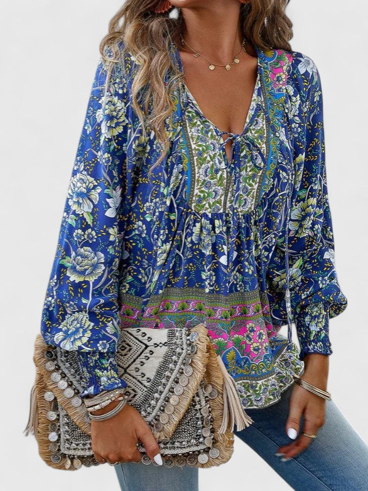 Sienna | Kvindelig Blomster Boho Bluse V-Hals Puff Ærme Top