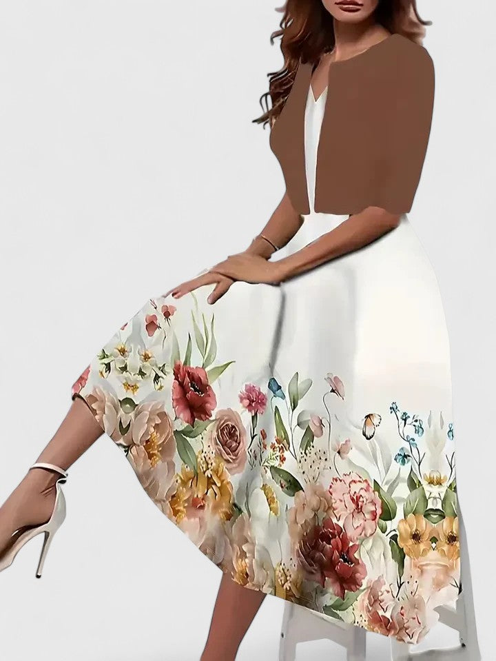 Flora | Kvinders Blomster Midi Kjole 3/4 Ærme A-Linje Festkjole
