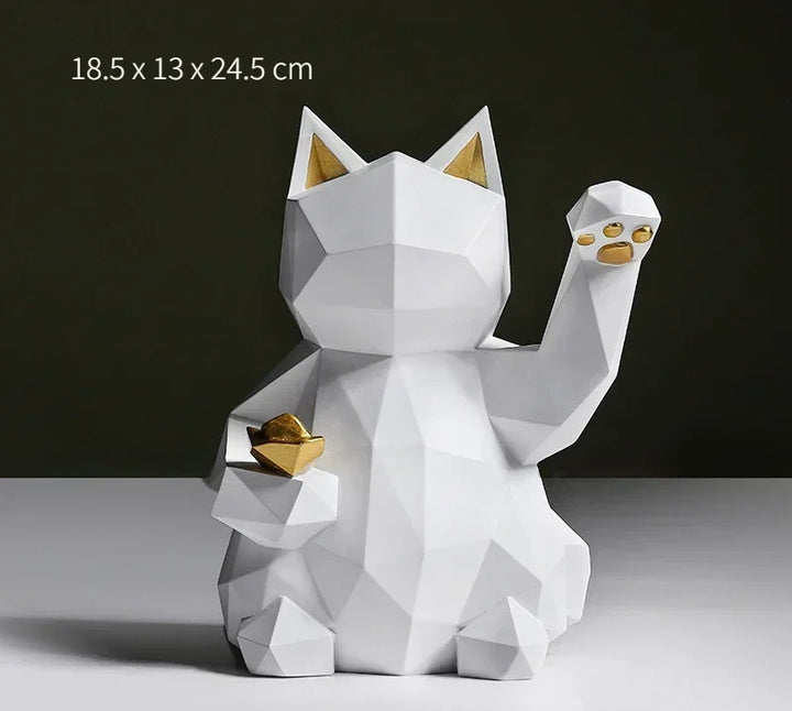 Geometrisk Lucky Cat Figurine i Rød og Hvid Resin