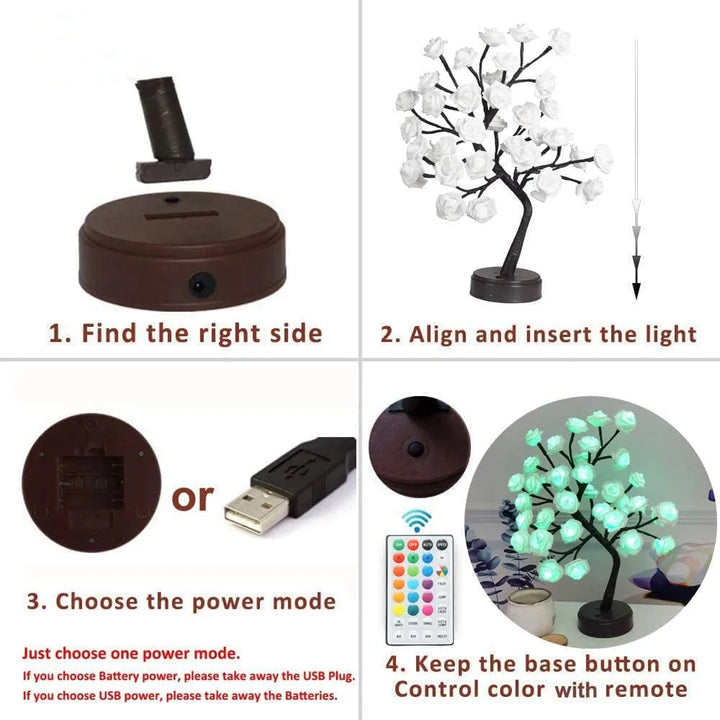 3D Rose Bordlampe med 24 LED Lys - USB & Batteridrevet Nattelys
