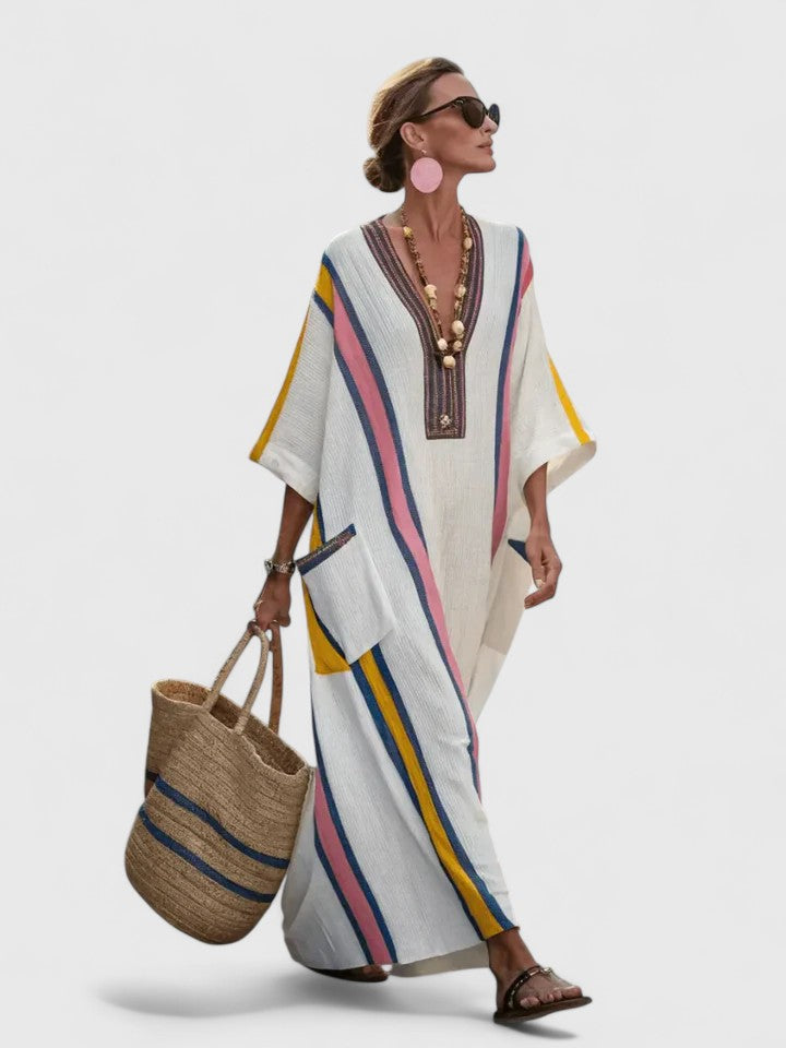 Serena | Kvinders V-Hals Kaftan Maxi Kjole med Stribe Detalje
