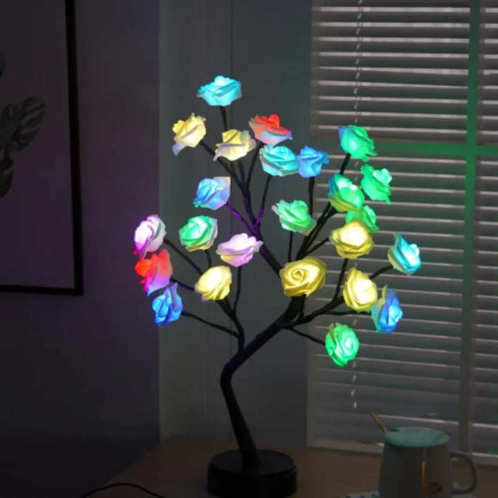 3D Rose Bordlampe med 24 LED Lys - USB & Batteridrevet Nattelys