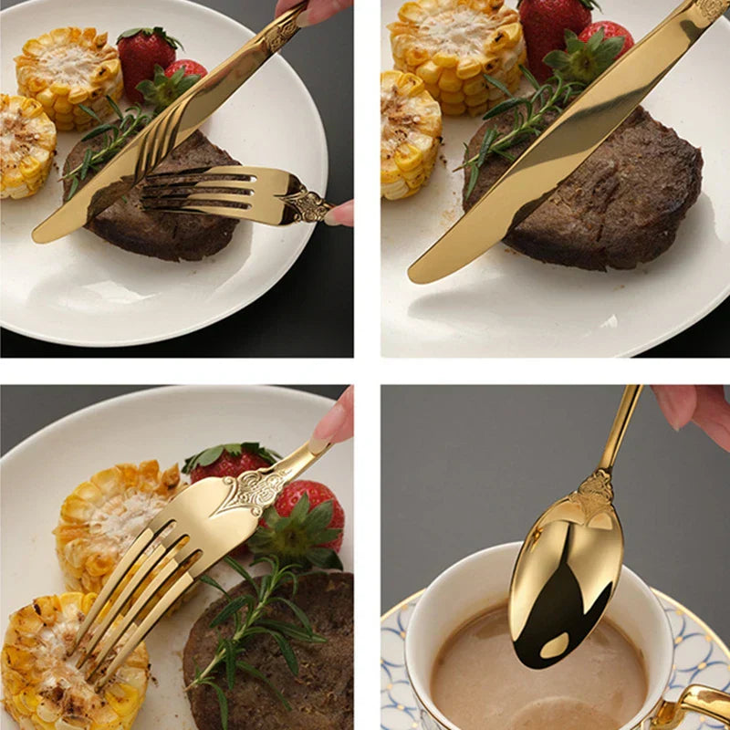 Elegant Guldbelagt Bestik Sæt i Rustfrit Stål