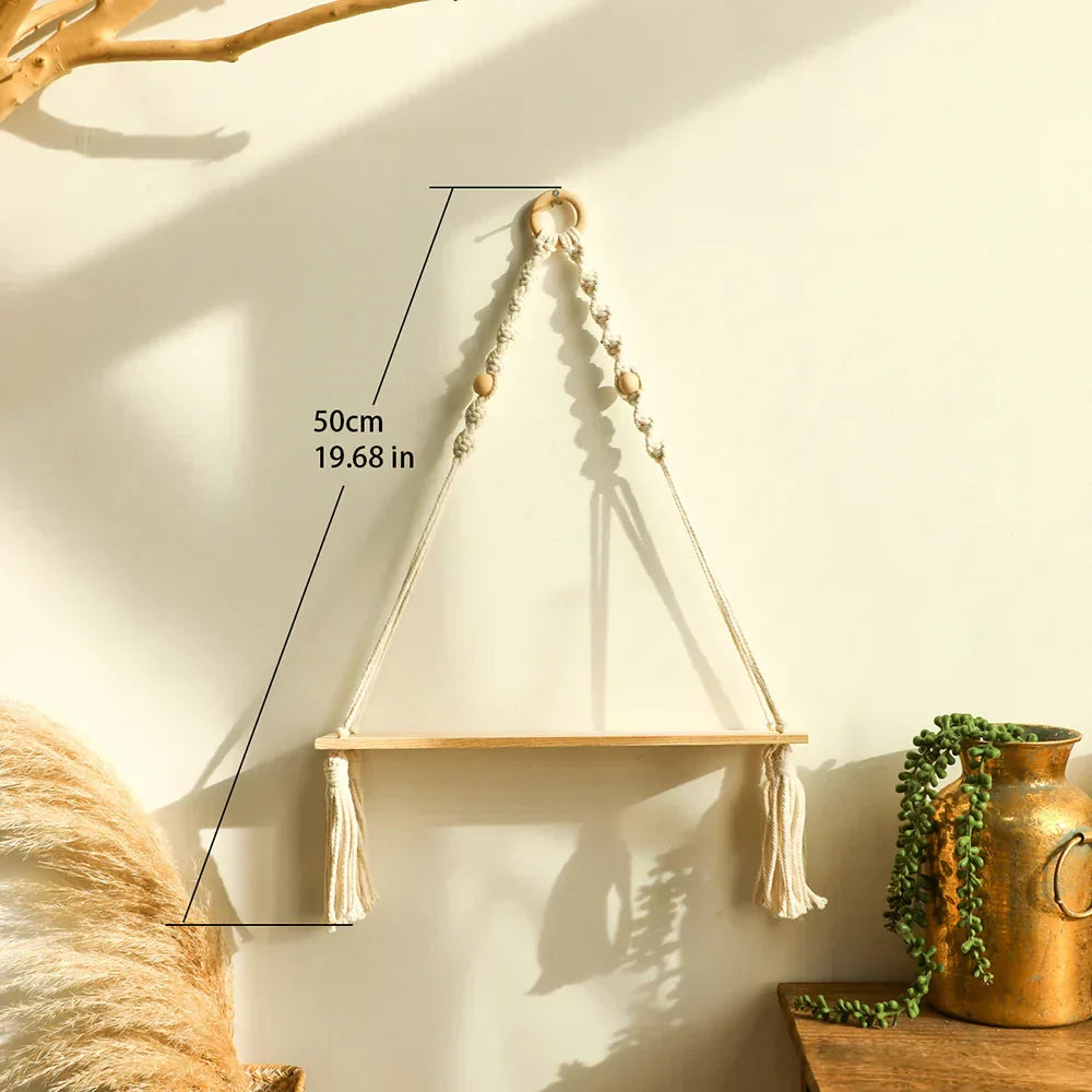 Flydende Væg Hylde i Træ med Macrame - Boho Rustik Design