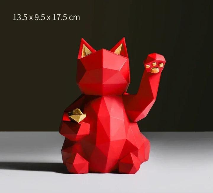 Geometrisk Lucky Cat Figurine i Rød og Hvid Resin