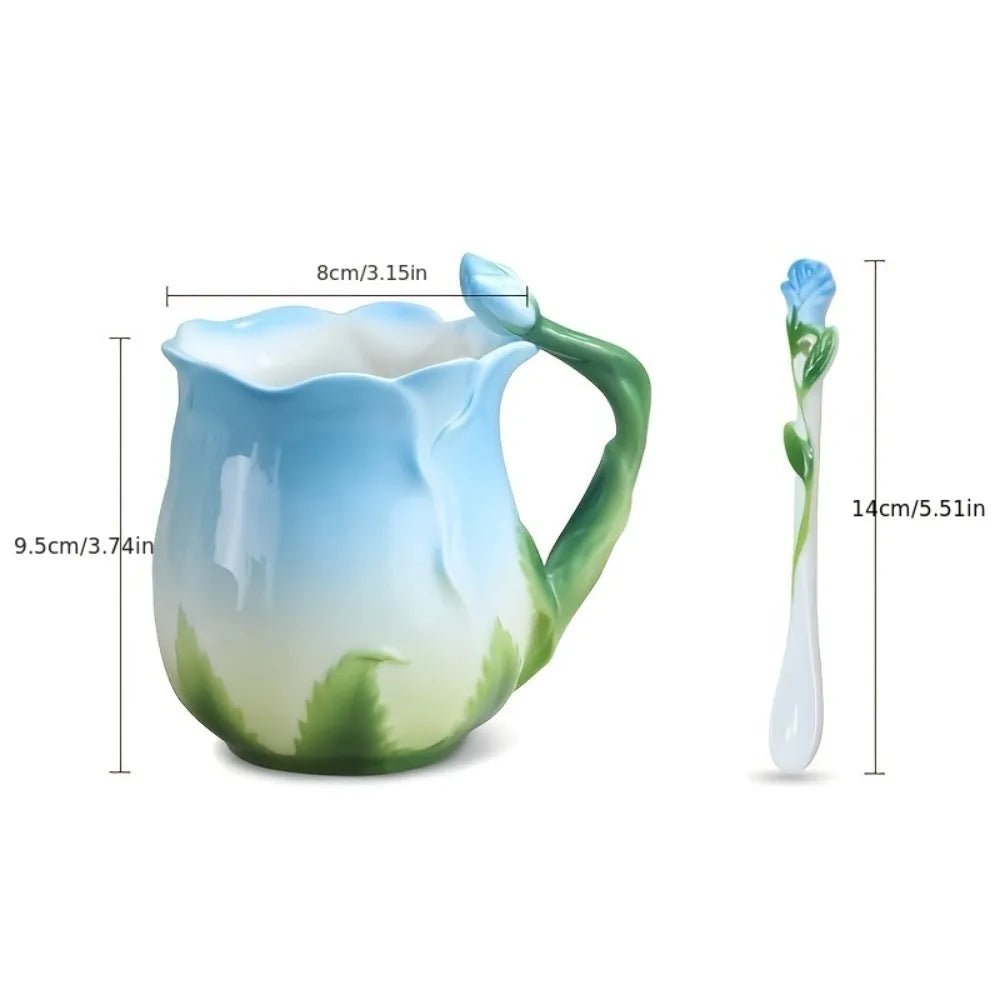 Keramisk 3D Rose Kaffe Kop med Ske