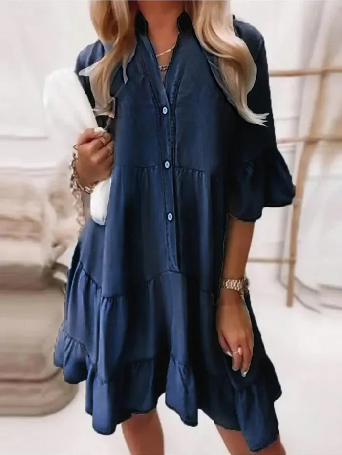 Billie | Kvinders Casual Lagdelt Ruffle Mini Kjole med Knappelukning