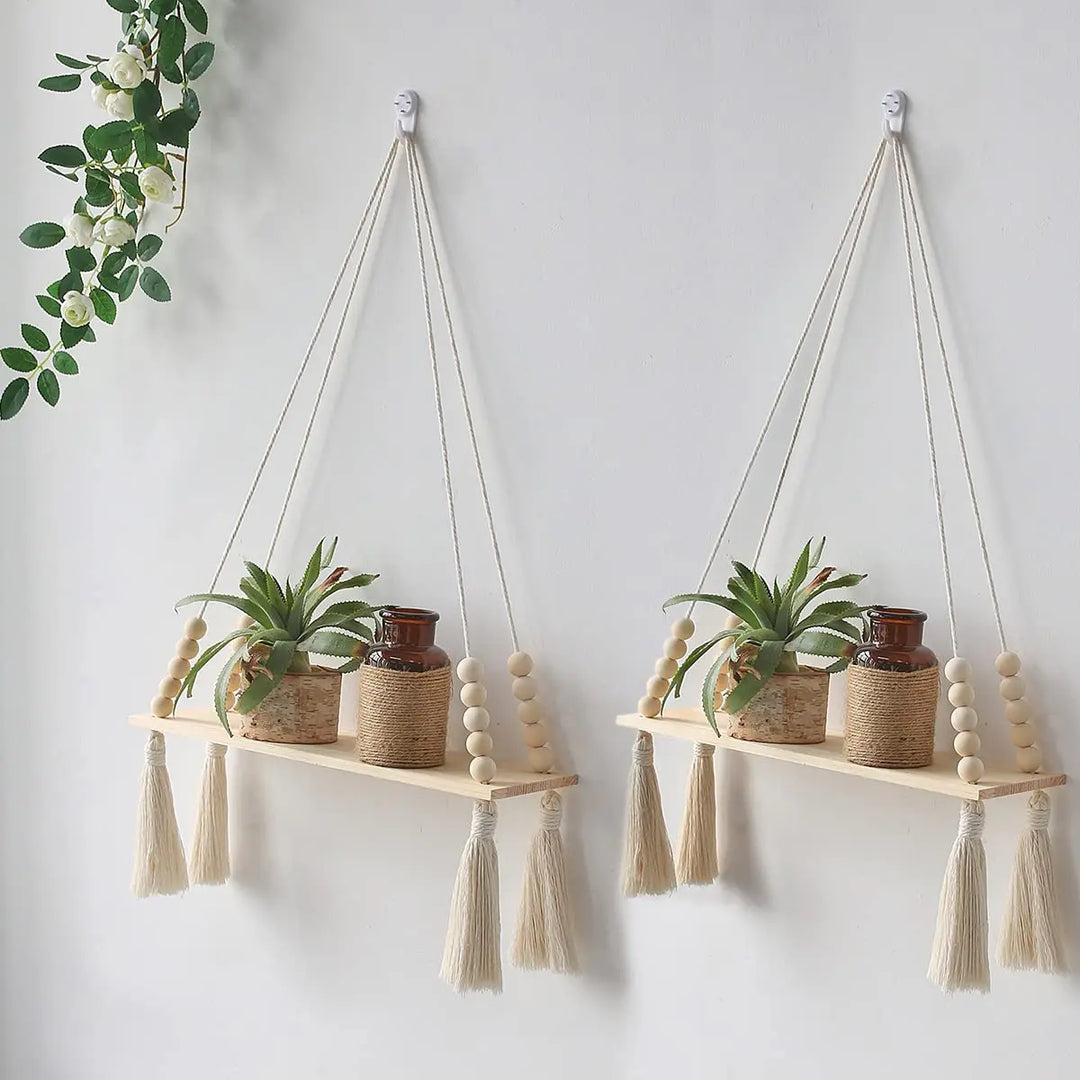 Flydende Væg Hylde i Træ med Macrame - Boho Rustik Design