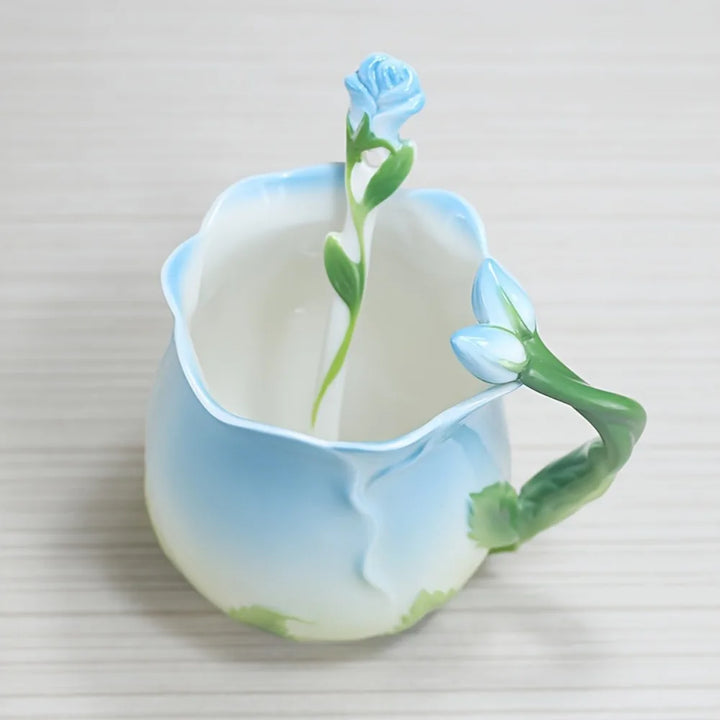 Keramisk 3D Rose Kaffe Kop med Ske