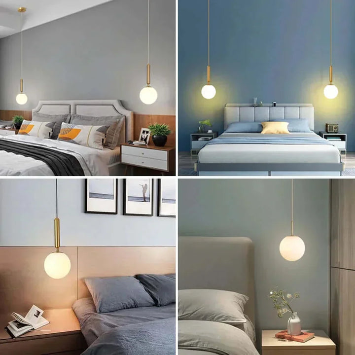 Mid-Century Modern Pendellampe med Frostet Glaskugle og Hvid Skærm