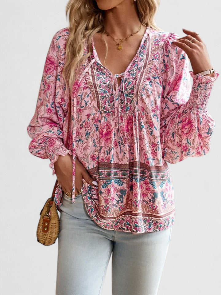 Sienna | Kvindelig Blomster Boho Bluse V-Hals Puff Ærme Top