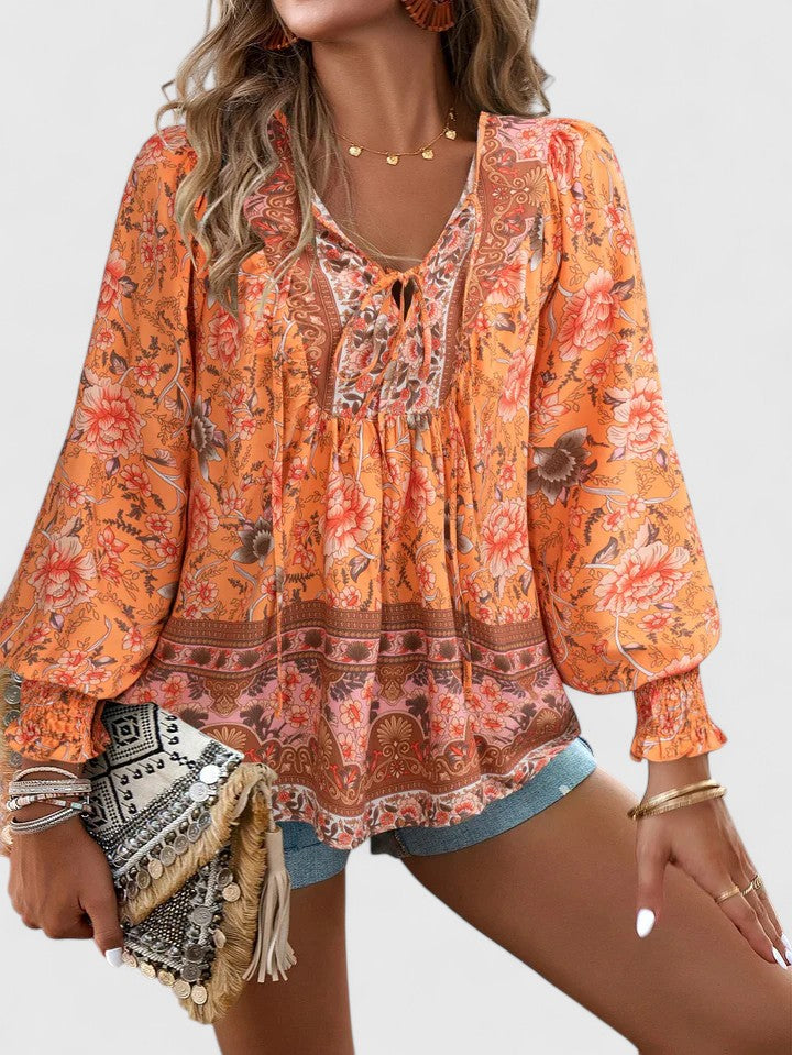 Sienna | Kvindelig Blomster Boho Bluse V-Hals Puff Ærme Top