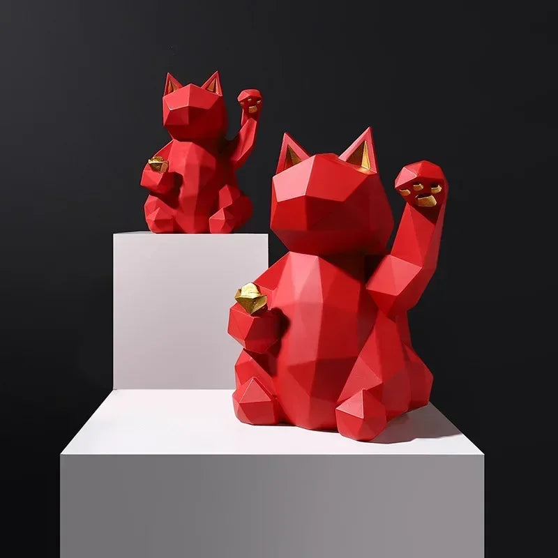 Geometrisk Lucky Cat Figurine i Rød og Hvid Resin