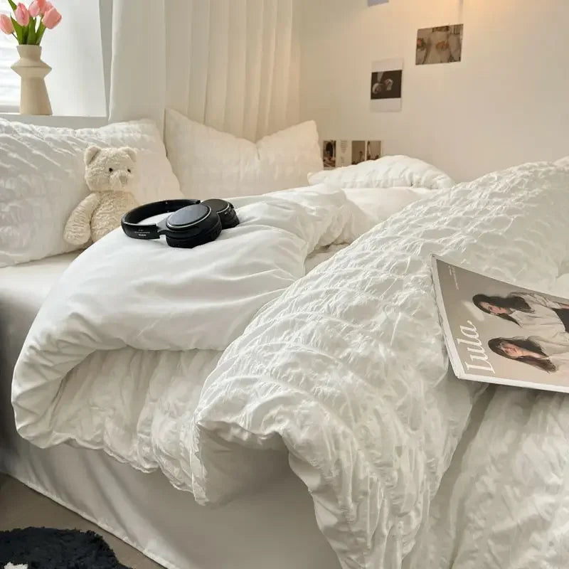 Seersucker Duvet Cover Set i Hvid - Blødt og Åndbart Sengetøj