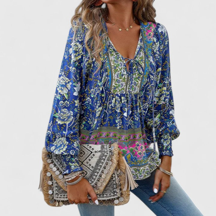 Sienna | Kvinders Boho Bluse med Blomsterprint, V-Udskæring og Puffærmer