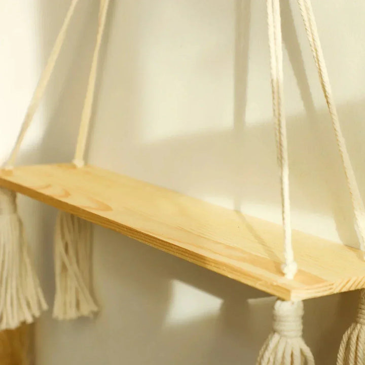 Flydende Væg Hylde i Træ med Macrame - Boho Rustik Design