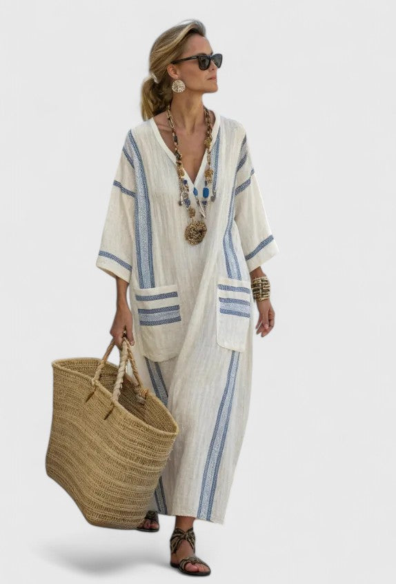 Serena | Kvinders V-Hals Kaftan Maxi Kjole med Stribe Detalje