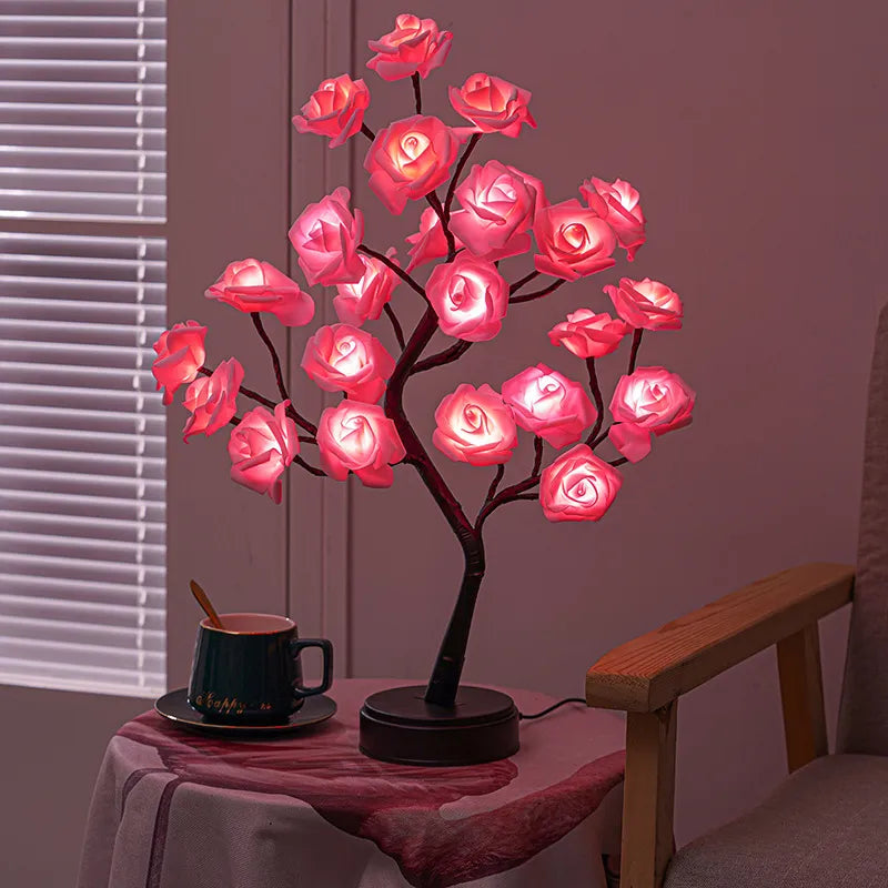 3D Rose Bordlampe med 24 LED Lys - USB & Batteridrevet Nattelys