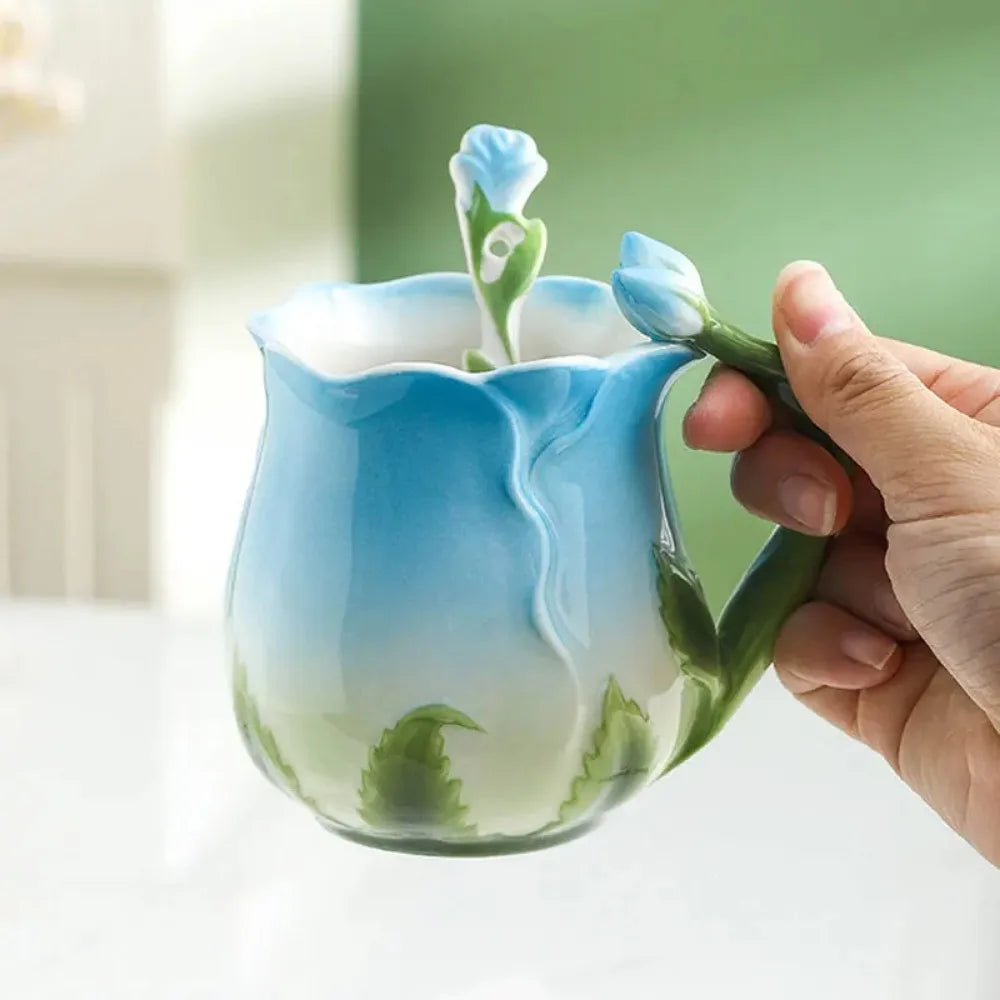 Keramisk 3D Rose Kaffe Kop med Ske