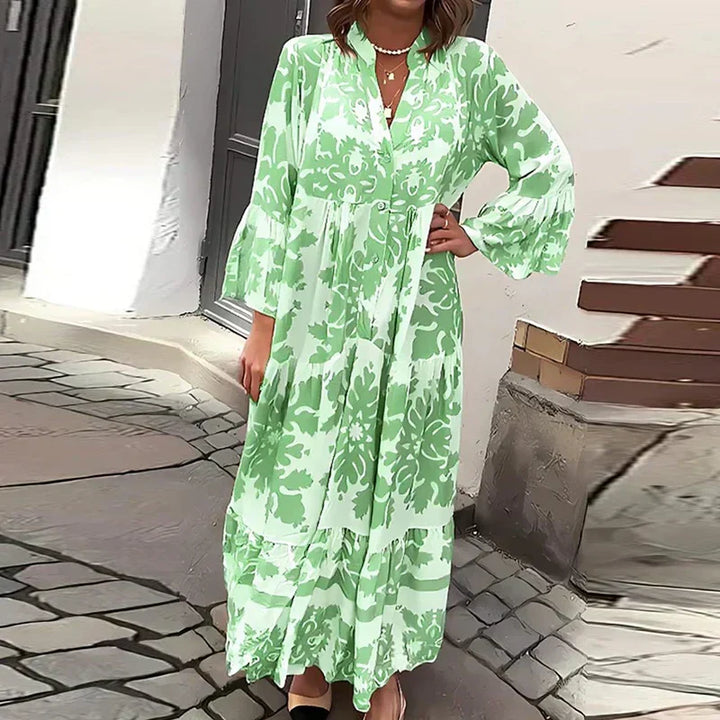 Harmony | Kvinders Boho Flowy Printed Draped Maxi Kjole Casual