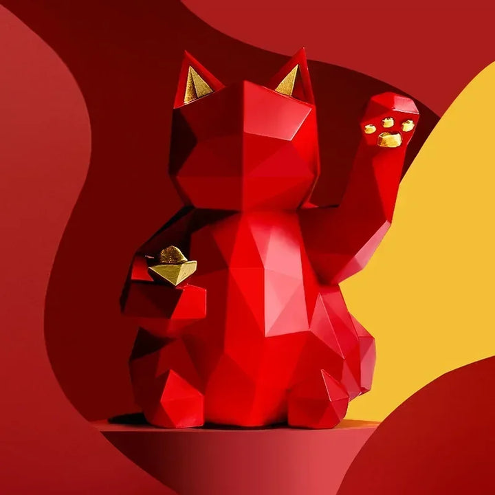 Geometrisk Lucky Cat Figurine i Rød og Hvid Resin
