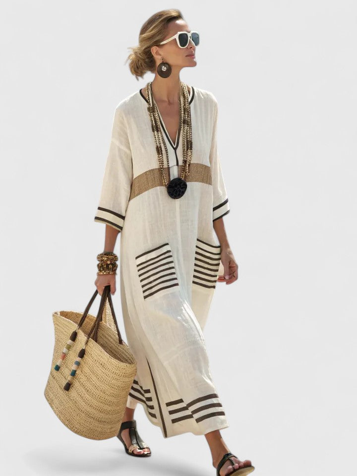Serena | Kvinders V-Hals Kaftan Maxi Kjole med Stribet Detalje