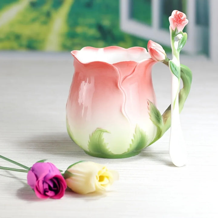 Keramisk 3D Rose Kaffe Kop med Ske