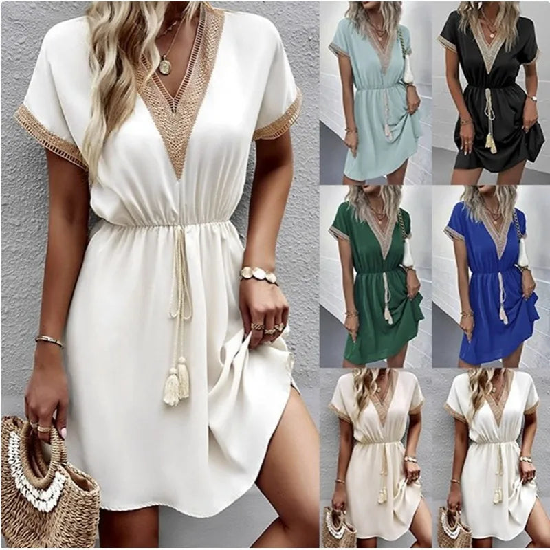 Matilda | Kvinders V-hals Boho Flowy Draperet Kjole Casual