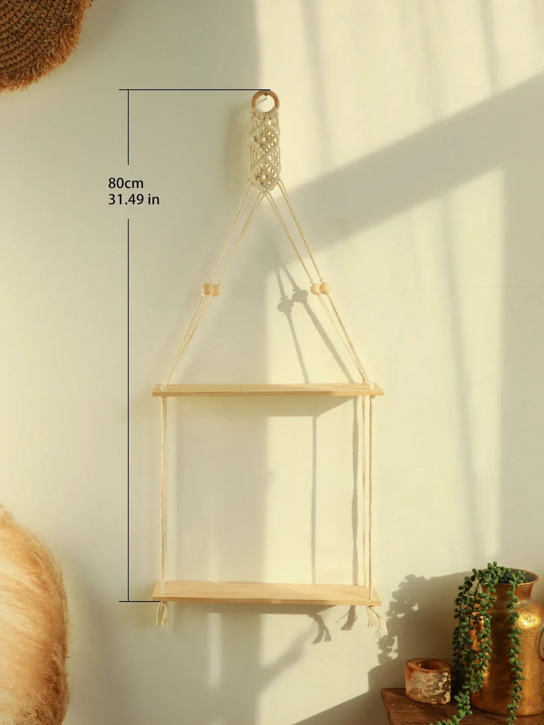 Flydende Væg Hylde i Træ med Macrame - Boho Rustik Design