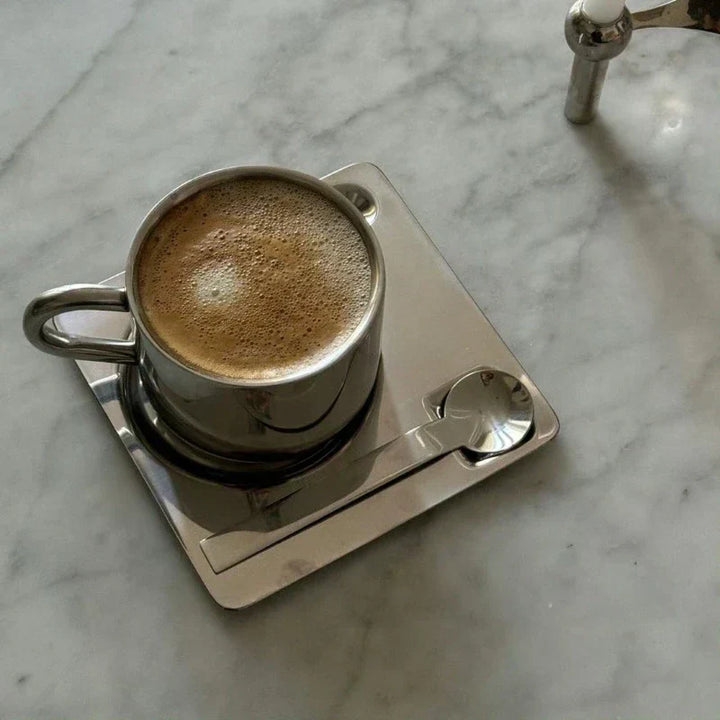 Stilfuldt Kaffesæt i Rustfrit Stål med Bakke og Ske