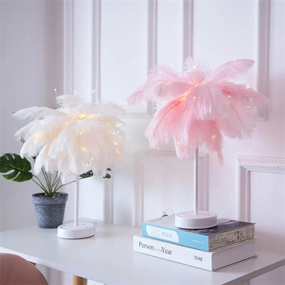LED Fjer Bordlampe med Fjernbetjening og USB-Strøm