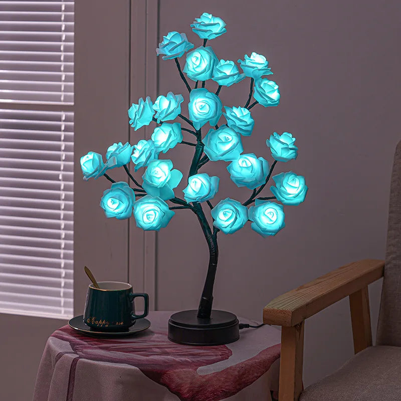 3D Rose Bordlampe med 24 LED Lys - USB & Batteridrevet Nattelys