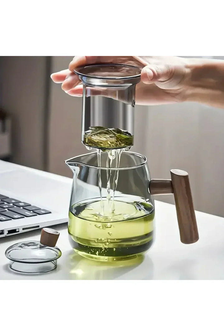 Glas Teapot med Træhåndtag og Rund Krop