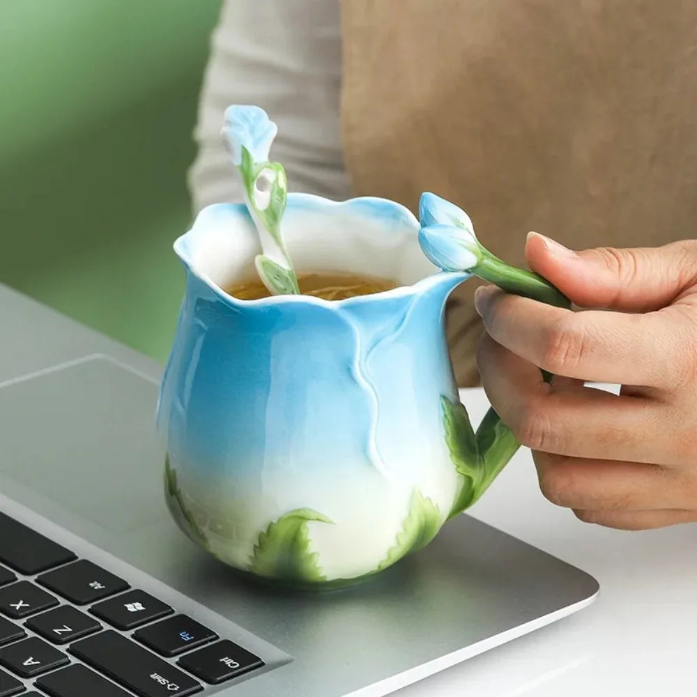 Keramisk 3D Rose Kaffe Kop med Ske