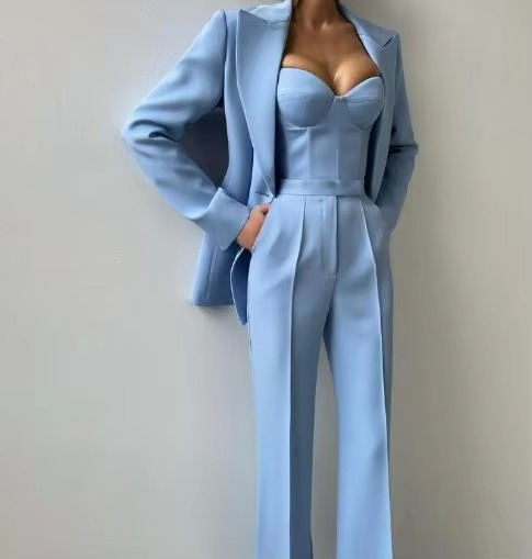 Tiffany | Kvinders Tre-delt Blazer Sæt Korset Top & Flared Bukser