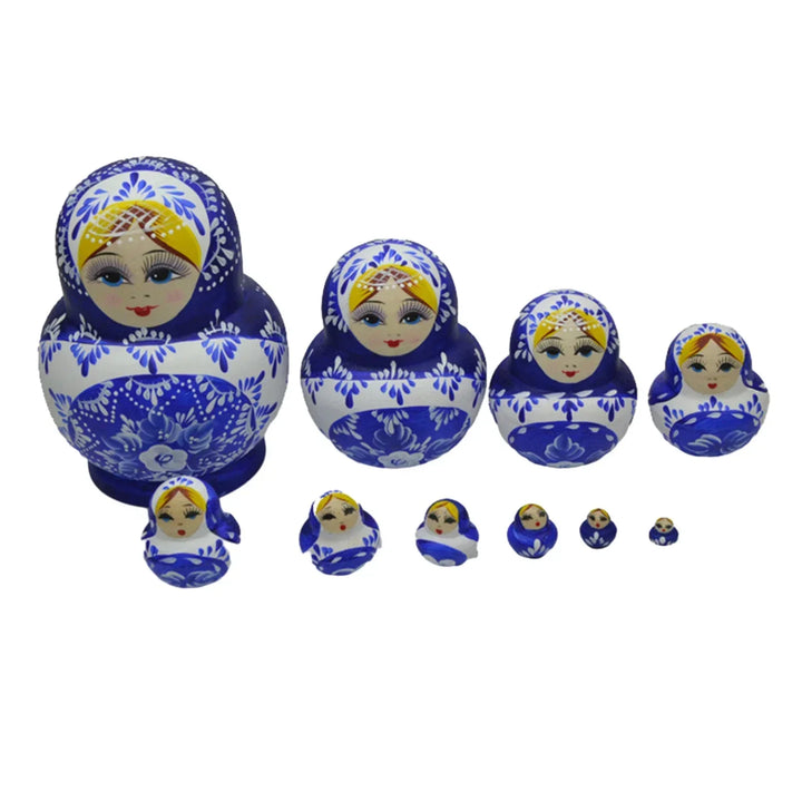 Traditionelt Sæt af 10 Håndlavede Træ-Matryoshka Dukker