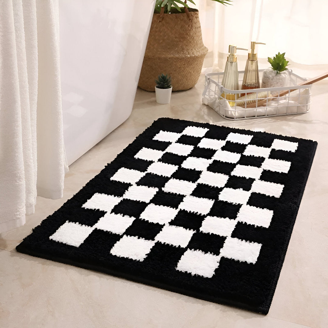 Sort og Hvid Ternede Mikrofiber Bademåtte