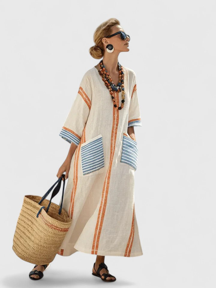 Serena | Kvinders V-Hals Kaftan Maxi Kjole med Stribe Detalje