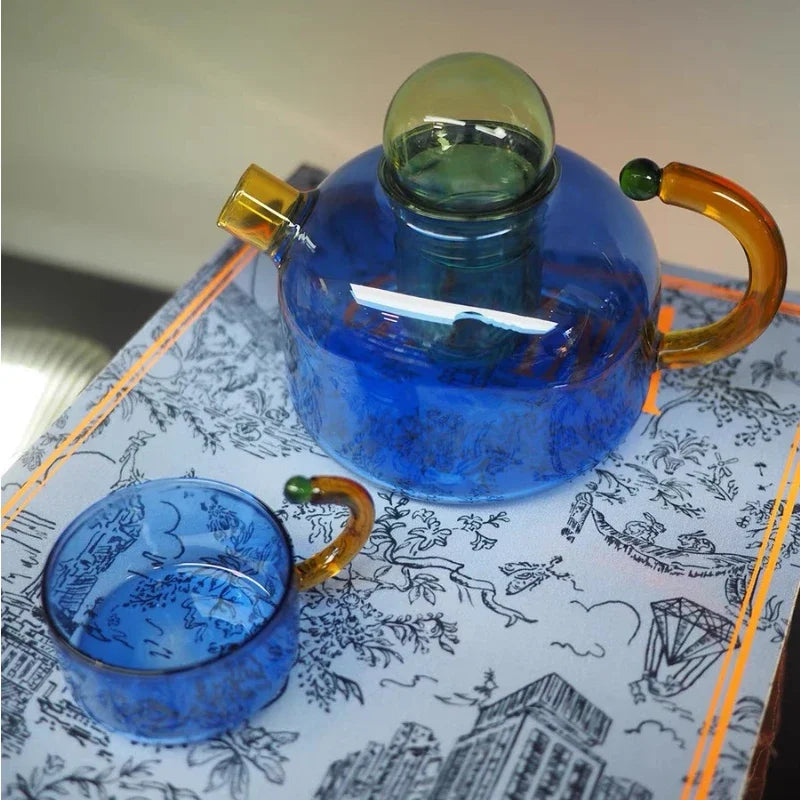 Håndlavet Glas Teapot med Vintage Design i Blå og Amber