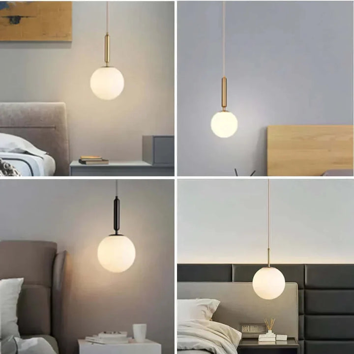 Mid-Century Modern Pendellampe med Frostet Glaskugle og Hvid Skærm