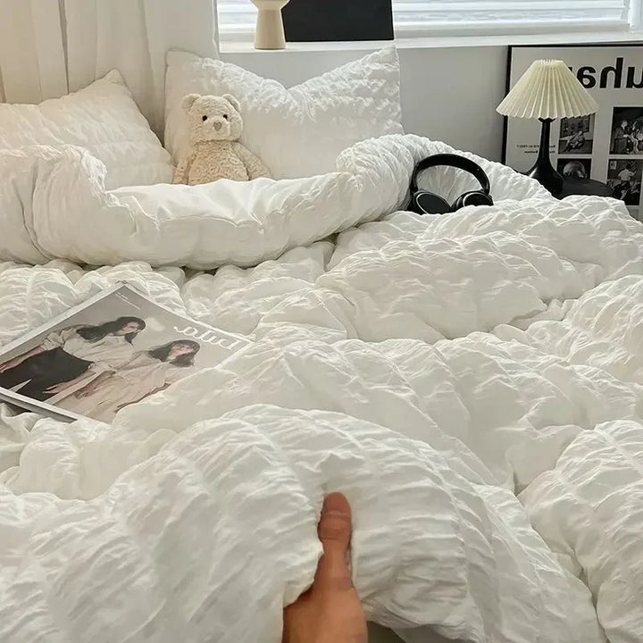 Seersucker Duvet Cover Set i Hvid - Blødt og Åndbart Sengetøj